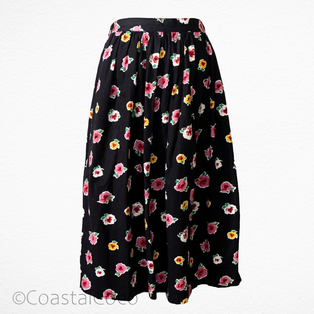 Vintage Floral Maxi Skirt Size 8 Black 100% Cotton Romantic Retro w/Pockets